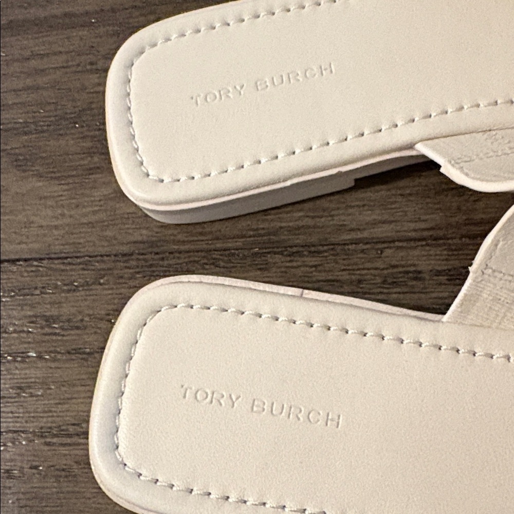 EUC [TORY BURCH] Georgia Logo Toe Slide Sandals Smooth White Leather Women’s 9 - Picture 9 of 12
